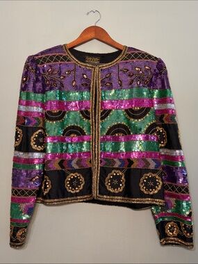 Creative Creations Size XL Made in India 100% Pure Silk Beaded Vintage Jacket
